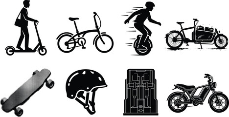 Personal Transportation Silhouette Icons Featuring Electric Scooter, Bicycle, Unicycle, Skateboard, Helmet, and Charging Station © MstMahurun