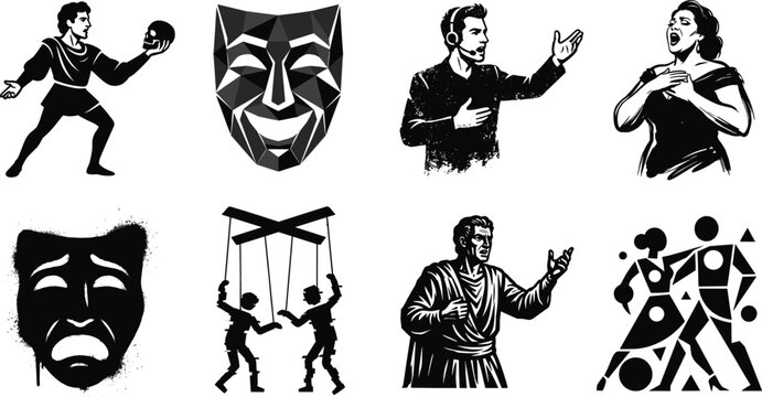 Theater and Performing Arts Vector Icon Set Featuring Comedy Tragedy Masks Puppets Actors and Opera Singers