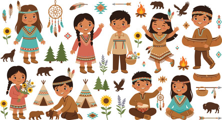 Cute Cartoon Native American Indigenous Children Vector Set with Teepees, Dreamcatchers, Canoes, and Wild Animals for Educational Material and School Clipart © MstRoksana