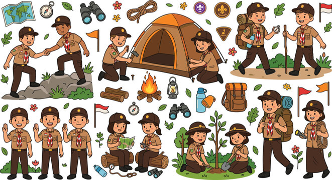 Cute Boy and Girl Scouts Character Vector Set with Outdoor Camping Activities, Tent Setup, Tree Planting, Hiking, and Exploration Clipart for Kids Graphic Designs