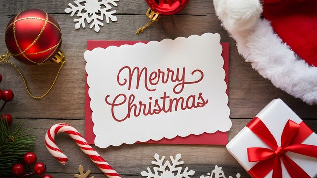 Merry christmas greeting card on a dark wooden table with holiday decorations and gifts
