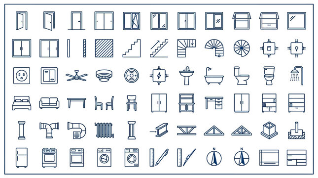 Architectural Symbols Icons Set - Blueprint, Plan, CAD, Design Elements