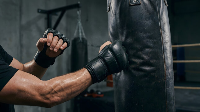 MMA fighter training with black mma gloves punching heavy bag at fight gym