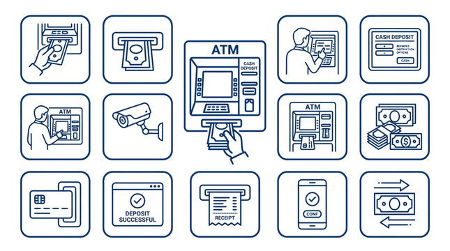 ATM Machine Icons: Transactions, Security, and Depositing Cash