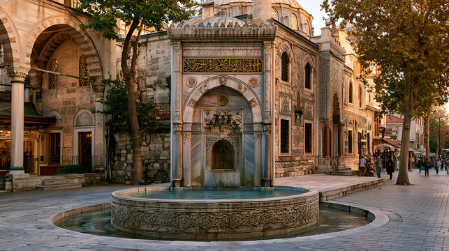 Sultan ahmed iii fountain in hagia sophia square, ornate ottoman baroque details and golden calligraphy, framed by historic buildings, bustling street life and sightseeing tourists