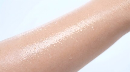 Fototapeta premium Wet skin texture on human arm covered in clear liquid drops and moisture