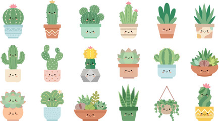 Fototapeta premium Cute Kawaii Cactus and Succulent Potted Plant Character Set with Happy Smiling Faces for Kids Sticker Sheets, Badges, and Creative Nursery Room Decor