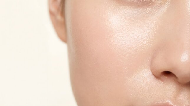 Macro close up of woman face showing dewy glowing moisturized skin texture