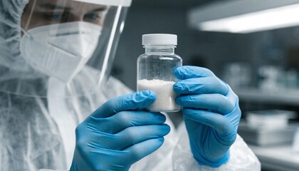 Fototapeta premium Laboratory technician in protective clothing and blue gloves carefully holding a blank medicine bottle filled with white powder inside a modern sterile research facility
