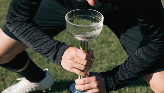 A victorious football player clutching a golden championship trophy against a blurred stadium background, representing the culmination of hard work, dedication, and sports excellence.