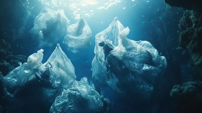 Marine animals endangered by vast quantities of floating plastic pollution in a dimly lit underwater ocean scene