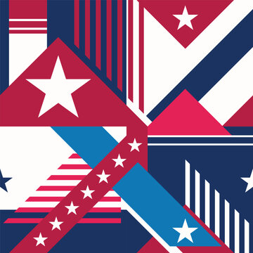 vector of abstract geometric seamless pattern background, inspired by the American flag with stripes and stars shape, in red, blue, whites. background for July 4th Independence Day celebrations