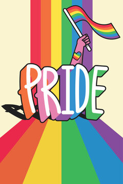 Colorful Pride vector illustration for Pride month celebration, LGBTQ+ flag, raised hand, and vibrant spectrum background. Symbol of equality, diversity, inclusion, human rights