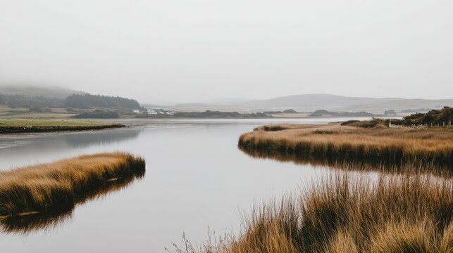 Misty marshland with calm water and golden reeds reflecting a serene, overcast sky, showcasing natural beauty and climate adaptation.