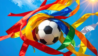 Obraz premium Soccer ball with ribbons, green grass festive sky celebration