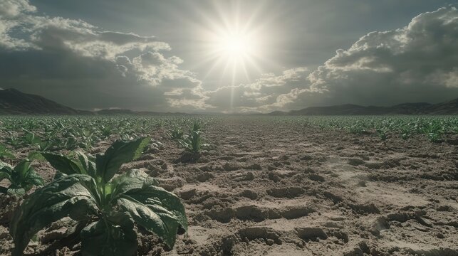 Parched agricultural landscape under harsh sunlight with struggling crops representing severe drought and water scarcity.