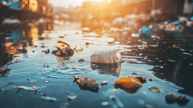 Plastic bottle and debris floating in a polluted urban stream with sunlight filtering through.