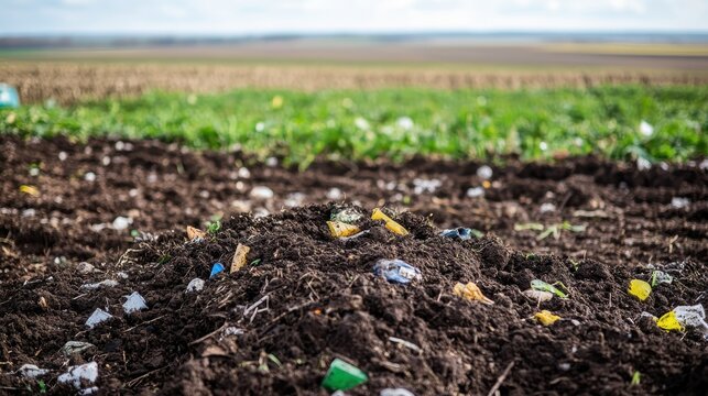 Plastic Microplastics and Debris Scattered Across Polluted Agricultural Soil Under a Clear Sky