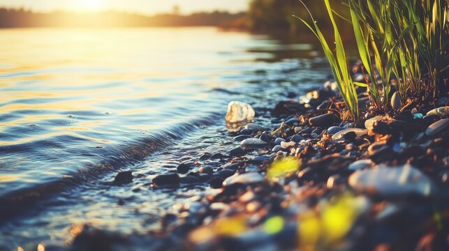 Plastic debris pollutes a rocky river shore with gentle sunlight, highlighting environmental concerns
