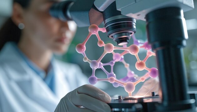 Professional Nurse with Blurred Face Analyzing a Glowing Microscopic Abstract Molecule in a High-Tech Medical Research Laboratory, Futuristic Science and Healthcare Innovation Concept Shot