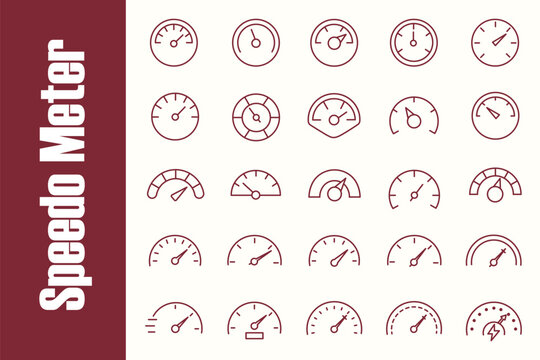 Set of Speedometer icon. Speed indicator icon flat line set. Feedback Rating meter performance concept Dashboard level scale vector for apps Fast speed sign low and high barometers, gauge, score