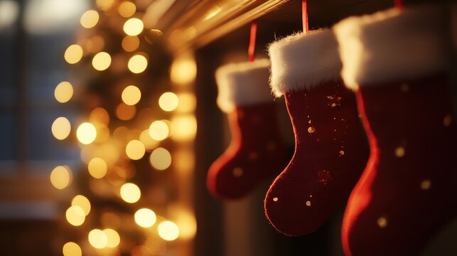 Red Christmas stockings with white trim hanging on a mantle with soft bokeh lights in the background