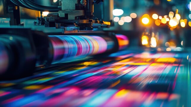 Professional printing machine producing vibrant colorful marketing materials in a modern production facility