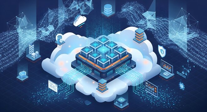 Isometric cloud computing network with central processor and digital data streams.