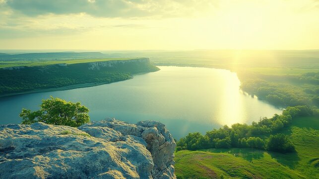 Rocky outcrop vista overlooking a vast sunlit lake and expansive landscape