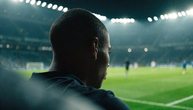 Silhouette of a focused soccer player observing an intense match from the sidelines under powerful stadium spotlights, capturing the atmosphere and anticipation of a high-stakes football event.