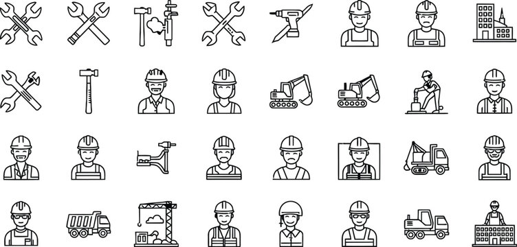 Black line icons of construction workers and tools