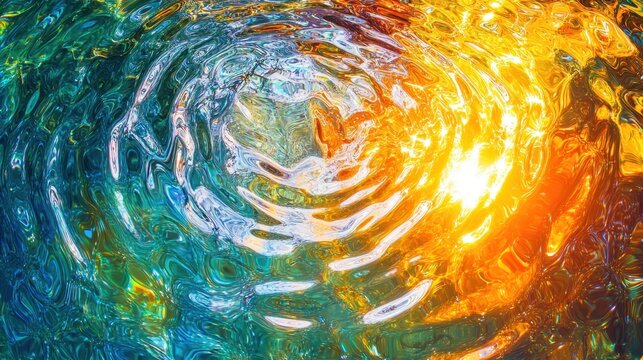 Vibrant iridescent oil slick swirling in sunlit polluted water creating abstract colorful patterns