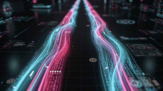 Futuristic Digital Data Streams Flowing Through Network
