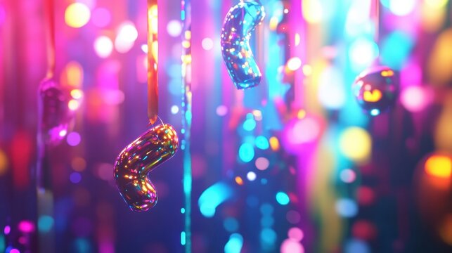 Vibrant illuminated festive decorations with bokeh lights and holographic streamers creating a celebratory atmosphere.