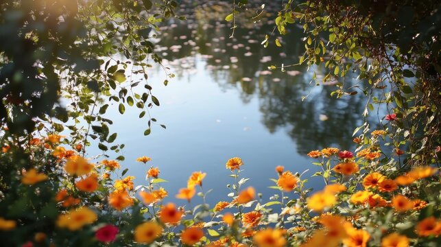 Vibrant orange and yellow flowers framing a tranquil lake with sunlight reflections and dappled leaves