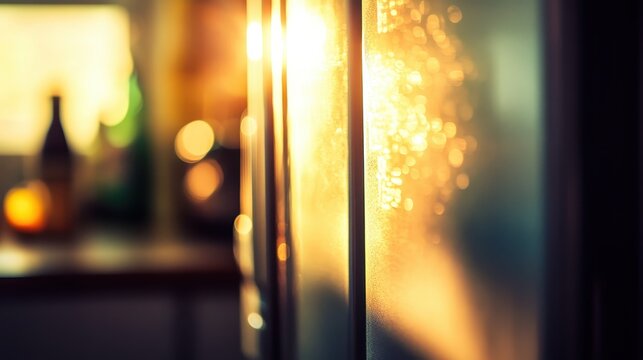 Warm golden light streams through a window creating a bokeh effect with abstract elements, evoking a serene atmosphere