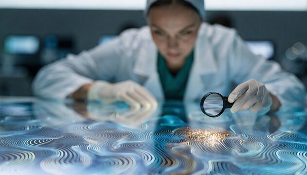 Professional female nurse in scrubs with a blurred face carefully examining a complex abstract medical digital pattern on a futuristic transparent display in a modern high-tech clinical laboratory.