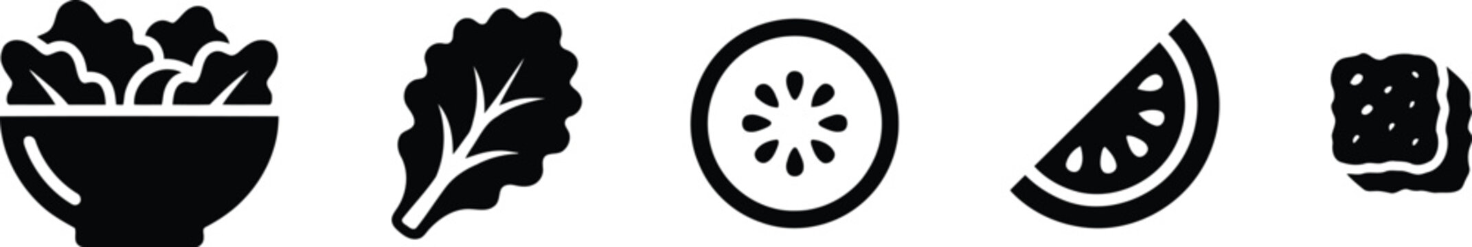Set of healthy food icons including salad bowl, lettuce leaf, cucumber slice, watermelon slice and cracker