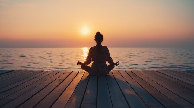 Woman practicing yoga by the seashore, meditating in lotus pose