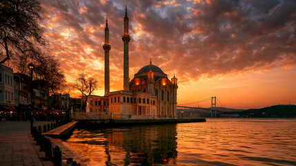 Obraz premium Ortakoy mosque and bosphorus bridge silhouetted against a dramatic orange and gold sunset sky, creating stunning reflections on the bosphorus strait in istanbul, turkey