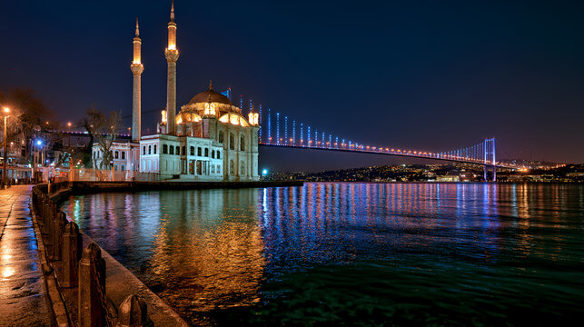 Ortakoy mosque and bosphorus bridge glowing at night, reflecting vibrant lights on the water, illuminating istanbul's iconic landmark architecture