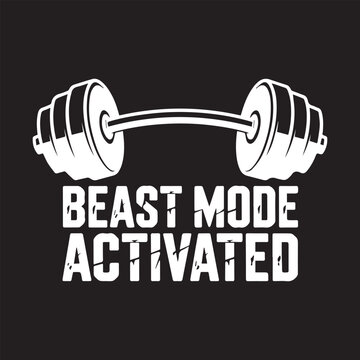 Barbell with 'Beast Mode Activated' text in white against black background for fitness motivation