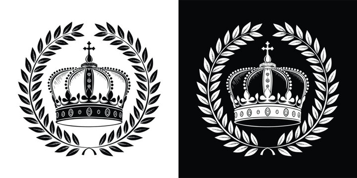 Detailed royal crown illustration framed by a classic laurel wreath