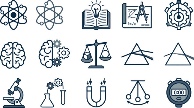 Science Education and Physics Laboratory Line Icon Set with Atom Brain Prism Microscope and Engineering Math Symbols Vector Design