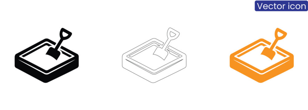 Vector icons of shovel in sandbox on white background in black, Line art, And orange