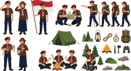 Indonesian Pramuka Scout Character Vector Set with Outdoor Camping Activities, Flag Raising, Hiking, Map Navigation, and Survival Equipment Icons for Educational Materials © MstRoksana