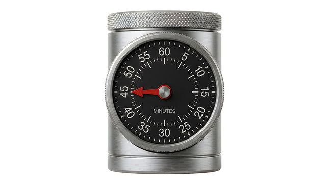 Silver kitchen timer with black dial isolated on white background