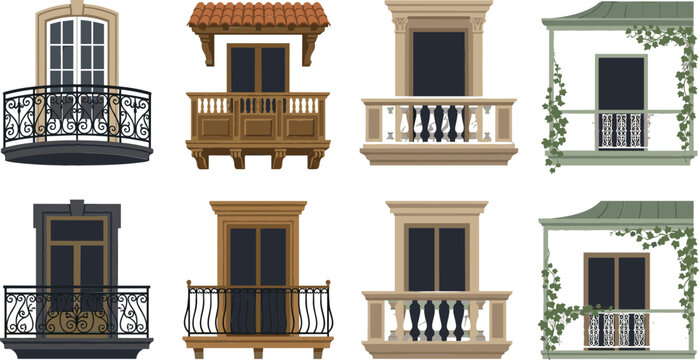 European building exterior elements bundle with traditional balcony designs wooden canopies and decorative window frames for real estate graphic design layout