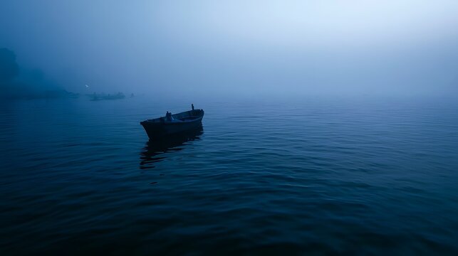 A serene seascape bathed in diffused foggy light creates a tranquil and wanderlust inducing atmosphere