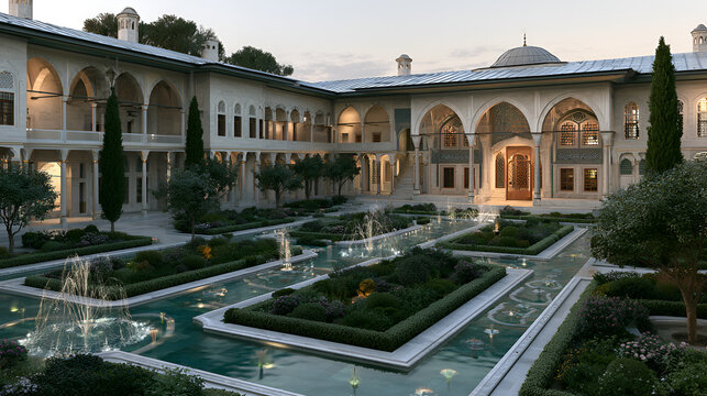 Topkapi palace konyali courtyard showcasing its beautiful symmetrical design, tranquil reflecting pools with fountains, and traditional ottoman imperial architecture